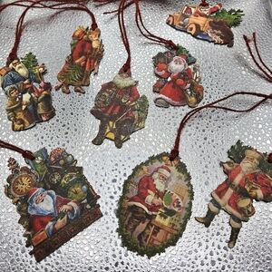 "5/$25" Set Of 8 Vintage Style Wood Santa Hang Tags/Christmas Ornaments